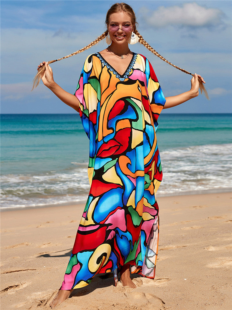 Hot Cotton Watermark Printed Beach Cover Up Robe Style Beach Vacation Sun Protection Bikini Cover Up