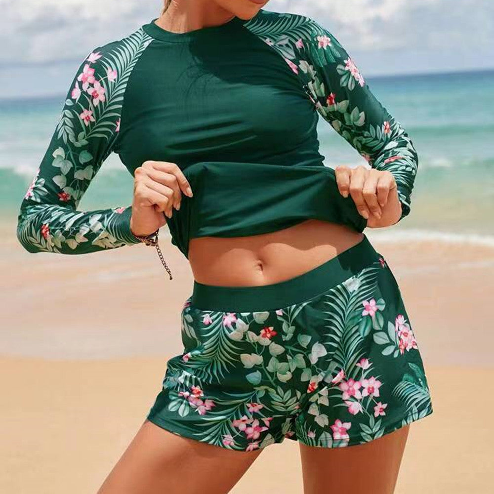 New Swimwear Long sleeved Digital Printed Conservative Women's Split Bikini Swimwear