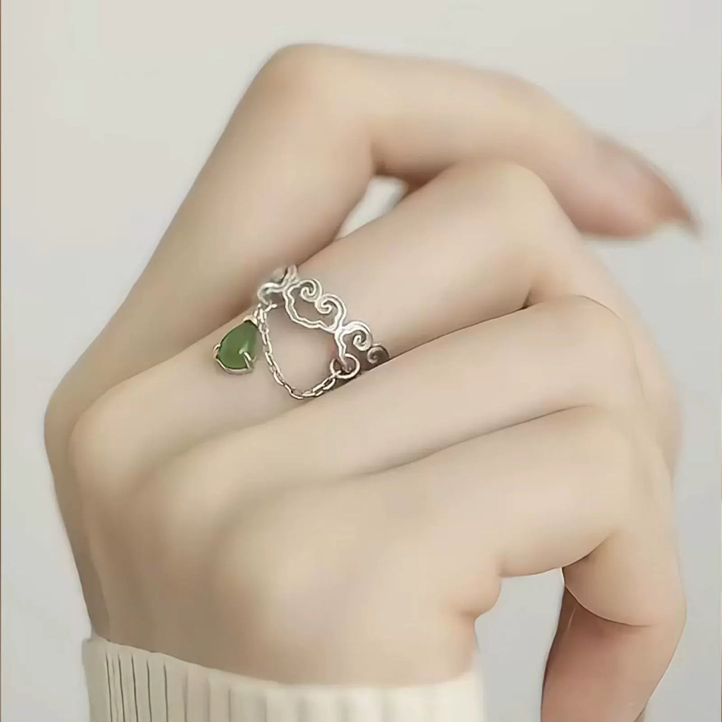 Jasper Water Drop Ring 925 Silver Women's Niche High-end Light Luxury Love Hollow Flower Carving Open Index Finger Ring