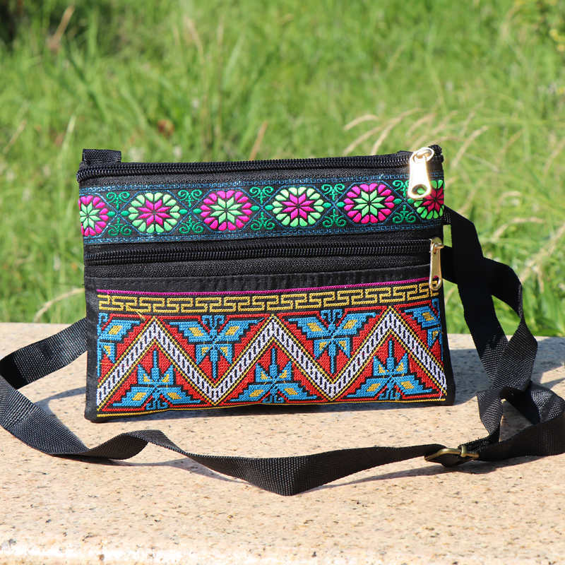 Ethnic Embroidery Single Shoulder Crossbody Bag Double Layer Zipper Bag