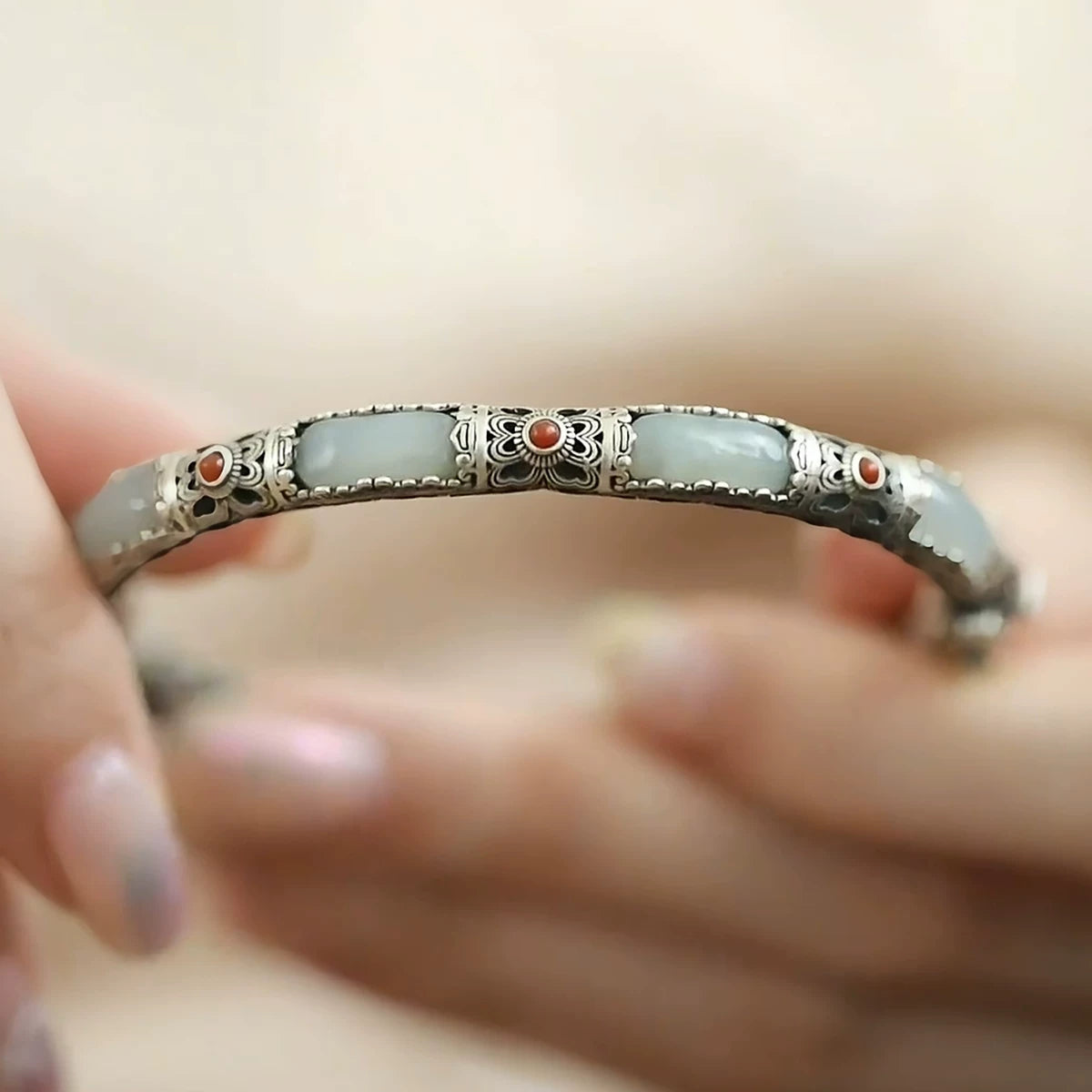925 Silver New Jade Nanhong Bracelet Opening Female Retro Classic Ethnic Style Flower Silk Hollow