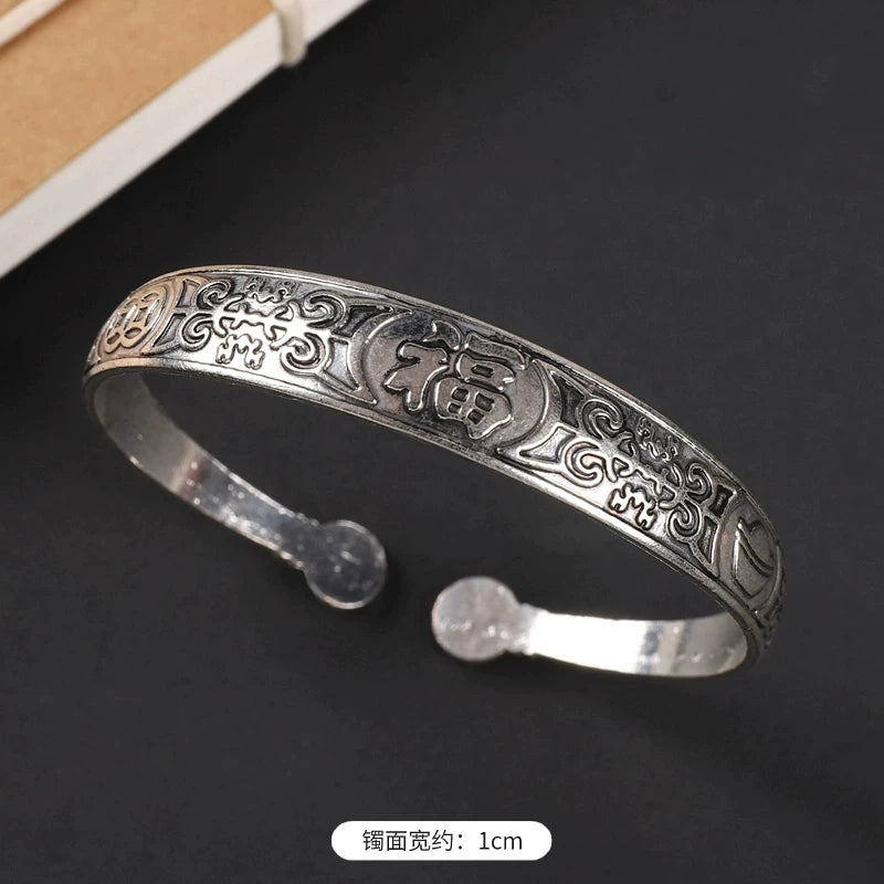 Handmade Miao Silver Old Bracelet Female Ethnic Style Retro Court Chinese Sculpture Ancient Silver Bracelet Personality Exotic Bracelet
