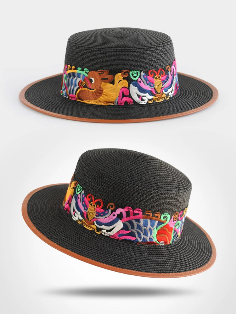 Straw Hat Retro Ethnic Style Embroidery Flower Beach Hat Spring and Summer Basin Hat