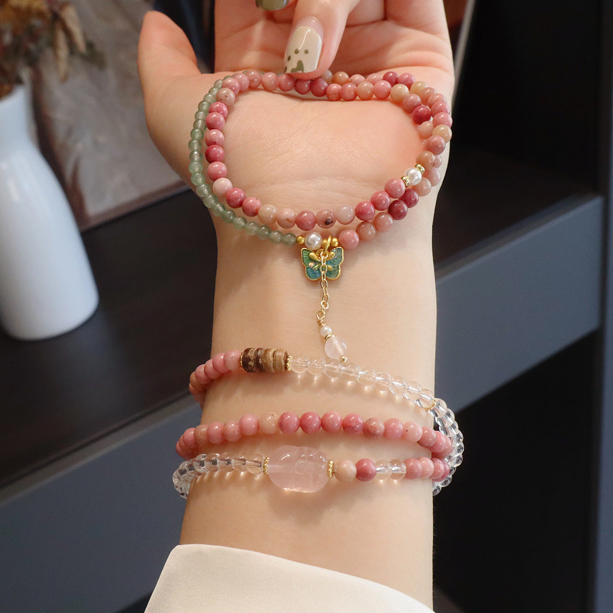 New Tibetan Natural Red Stone Multi-circle Bracelet Powder Crystal Star Moon Bodhi Olive Multi-circle Bracelet