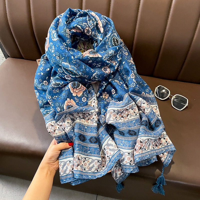 Ethnic Style Spring and Autumn New Blue Cotton Hemp Feel Thin Scarf with Flower Splice Fragmented Flower Retro Versatile Shawl