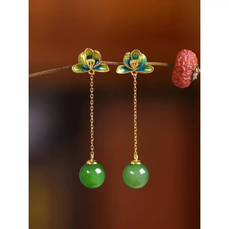 Jasper Lotus Heart Tibetan Style Enamel Color Lotus 925 Silver Jade Earrings Women's Fringed Earrings