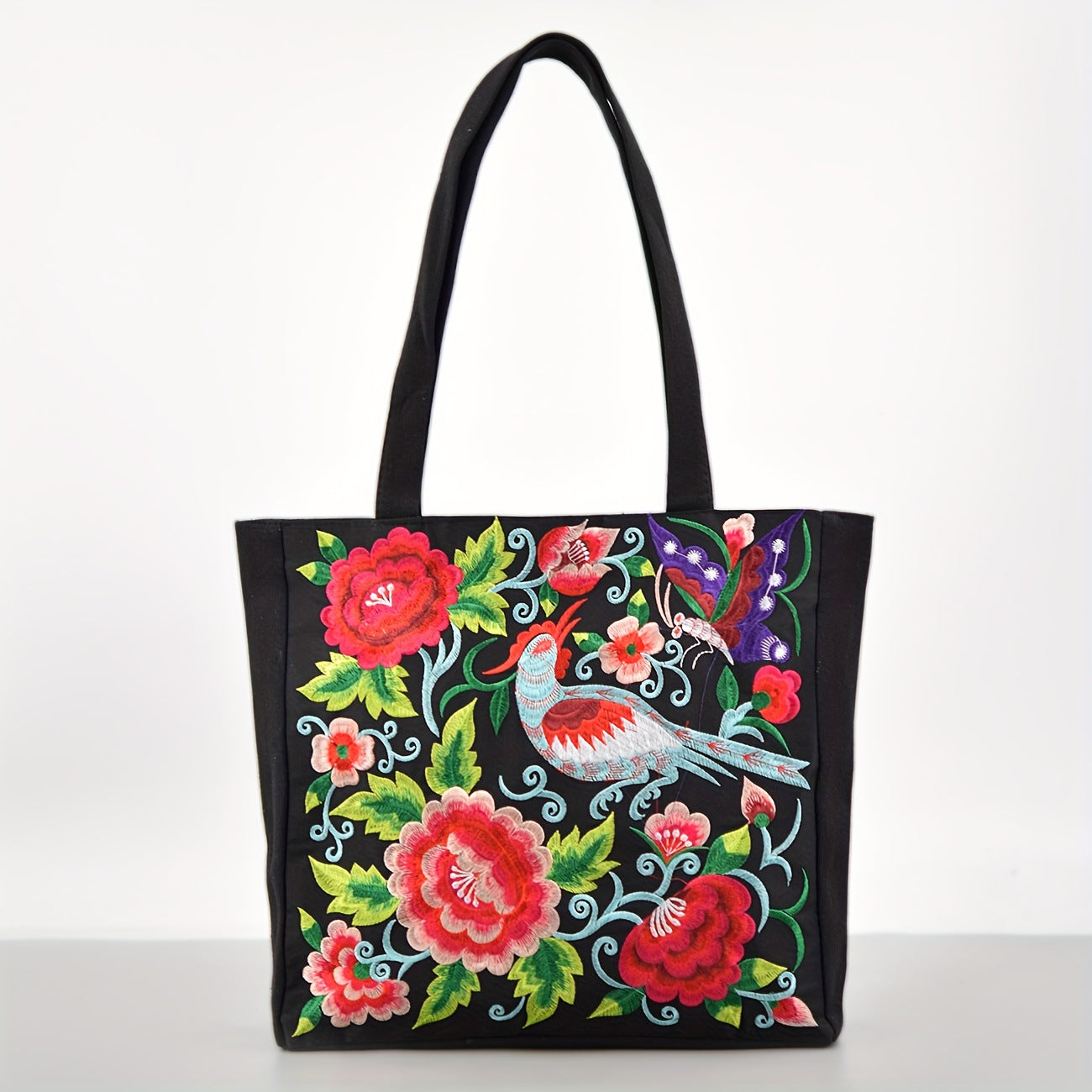 Ethnic Style Embroidered Shoulder Bag with Large Capacity Women's Tote Bag, Canvas, National Style Peony Handbag, Shopping Bag