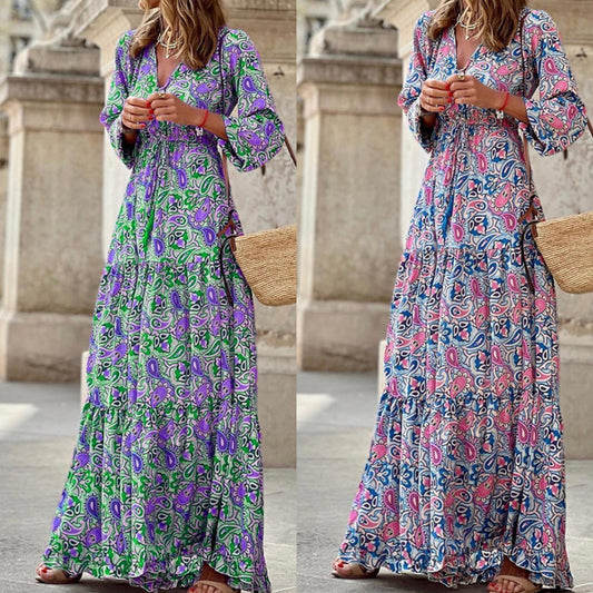 New Temperament V-neck Bohemian Print Swing Dress