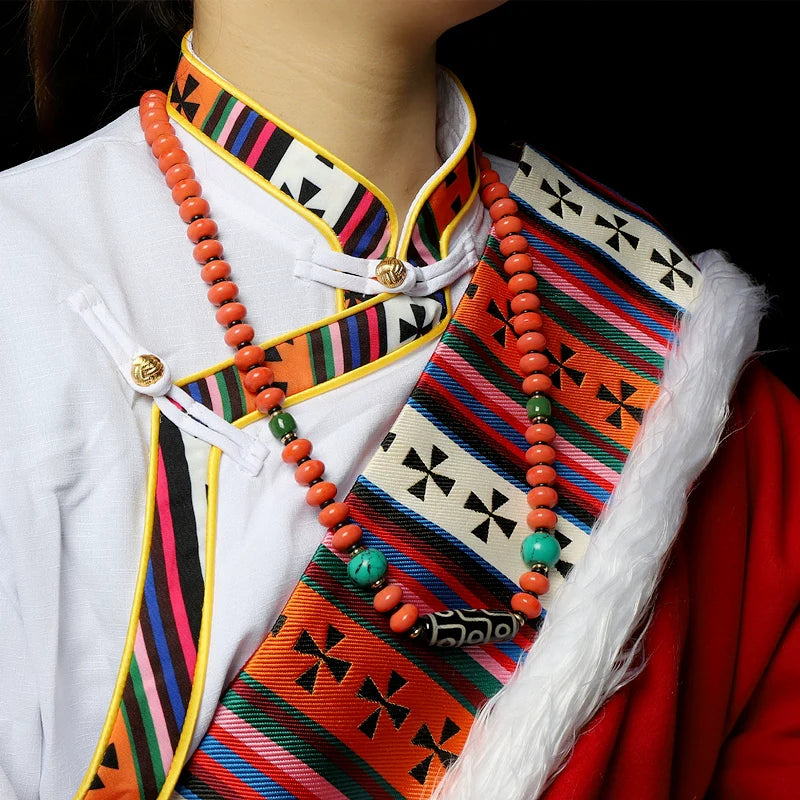 Tianzhu Agate Coral Necklace Tibetan Men and Women Retro Long Ethnic Style Collarbone Chain Tibetan Accessories