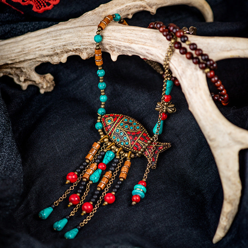 Nepal Retro Ethnic Style Long Necklace Sweater Chain Tibetan Beaded Fringed Necklace