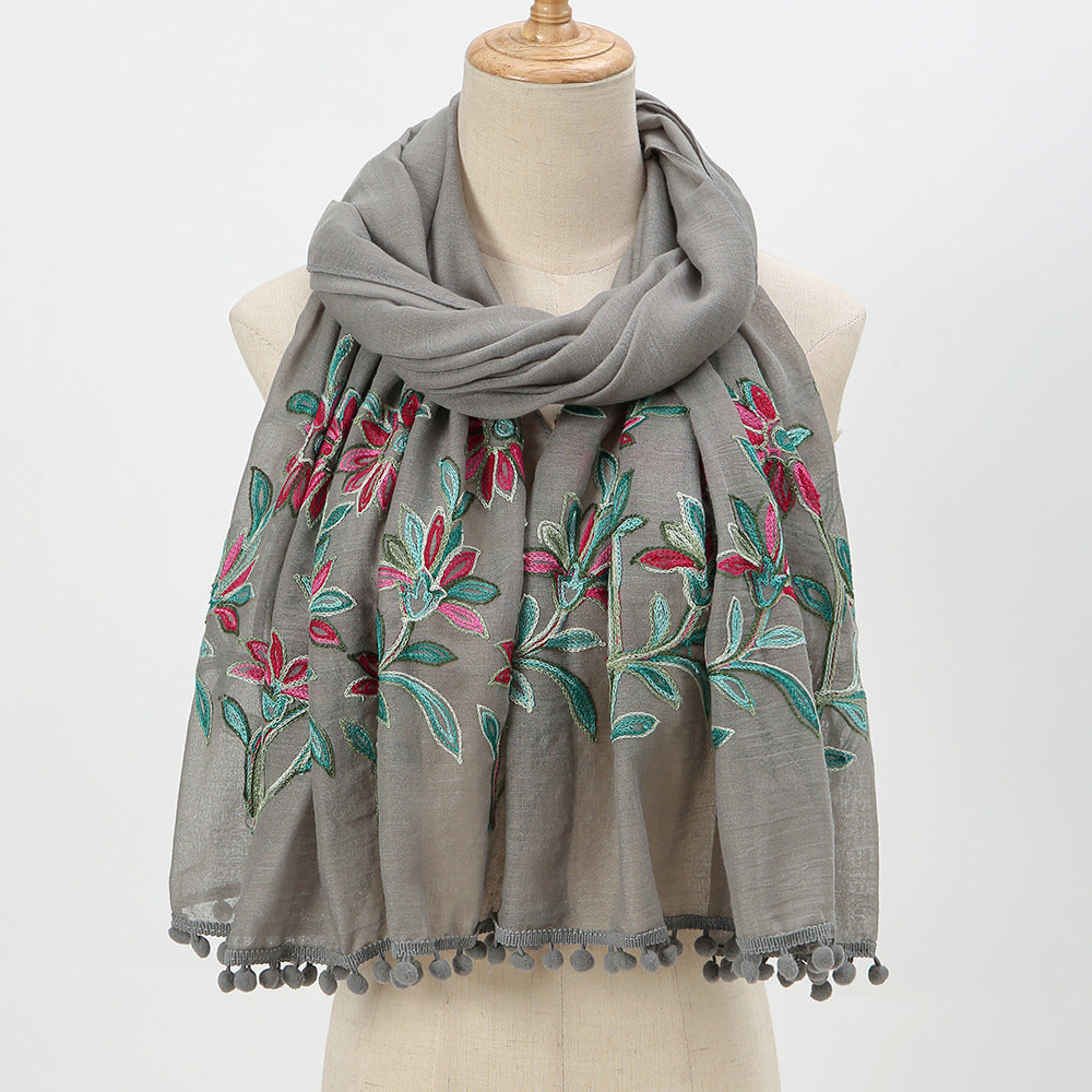 New Embroidered Furball Scarf, Cotton and Linen Shawl, Women's Ethnic Style Retro Style, with Spring and Autumn Scarf