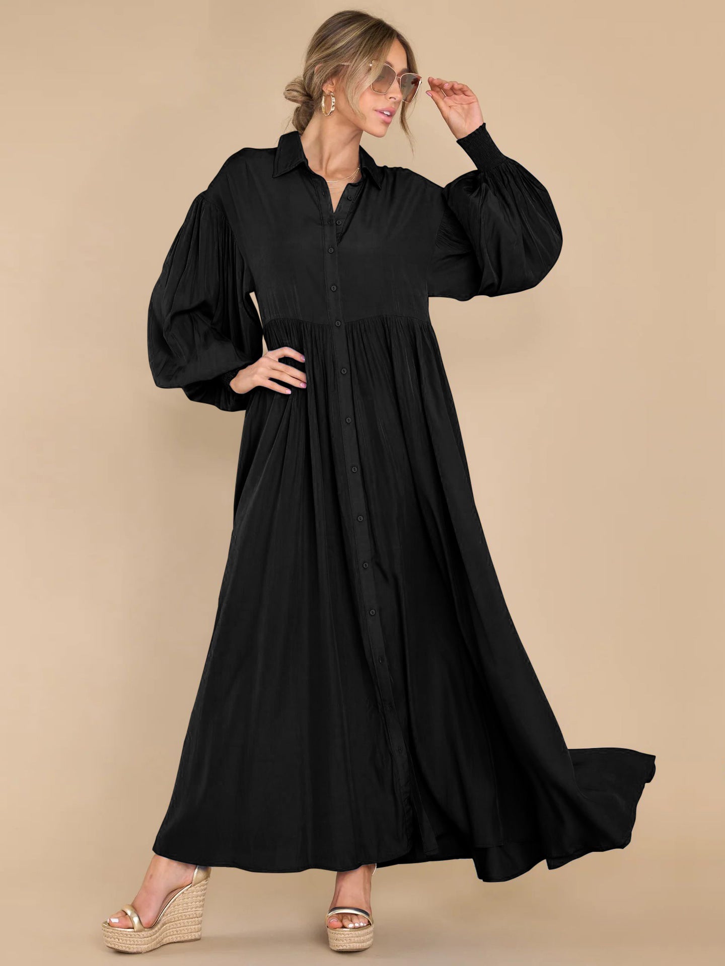 Autumn and Winter New Product Long Solid Color Dress Button Long Dress Loose Oversized Swing Skirt