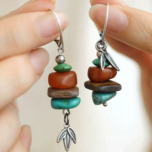 925 Silver New Tibetan Retro Turquoise Asymmetrical Earrings Beeswax Ear Hooks Female Bamboo Leaf Agarwood High Sense Versatile