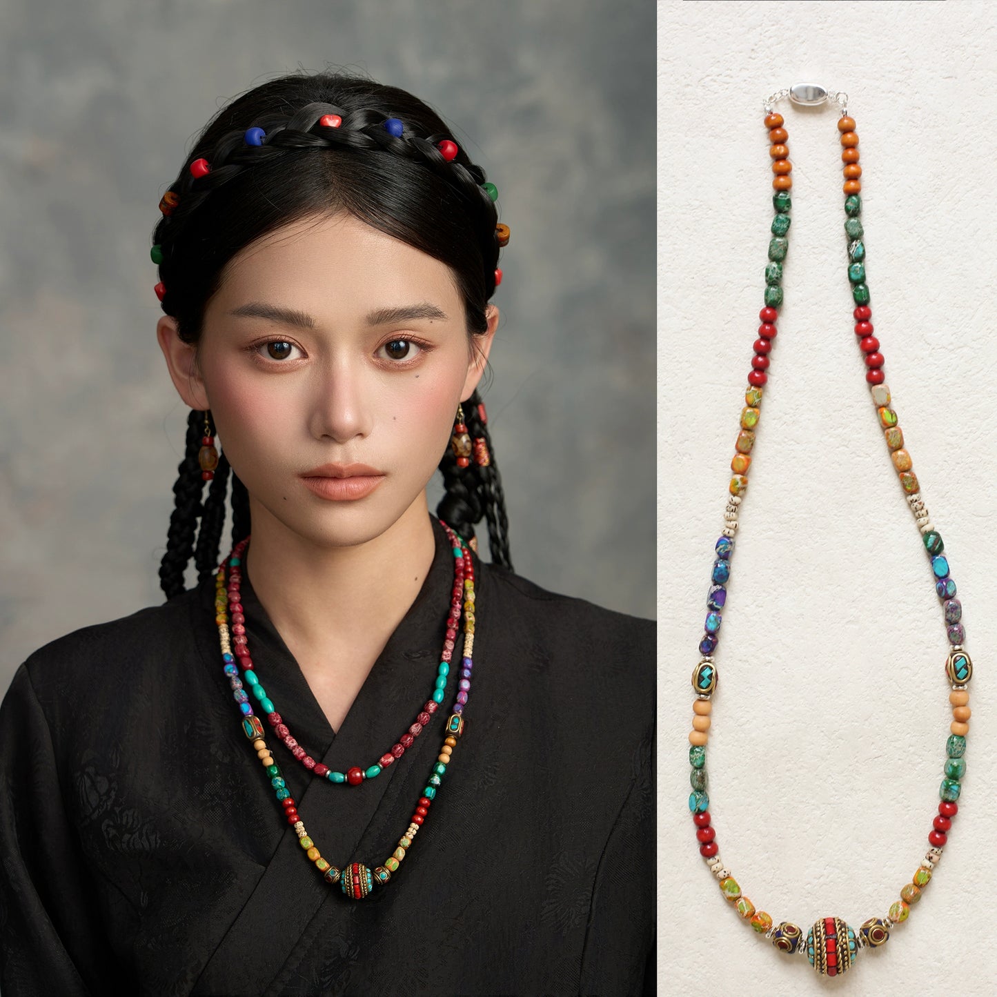 Tibetan Colored Turquoise Bodhi Bead Necklace, Lhasa Ethnic Style Jewelry, Original Design Tibetan Clothing Accessories Women