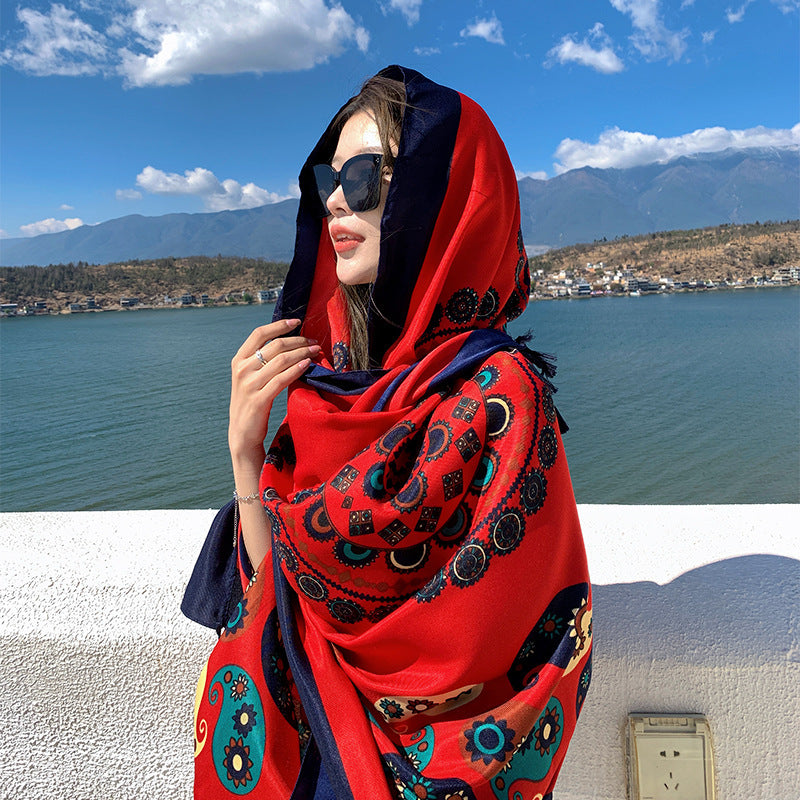 New Cotton and Hemp Feel Large Scarf Red Ethnic Tourism Beach Scarf with Dual Use Air Conditioning Room Shawl