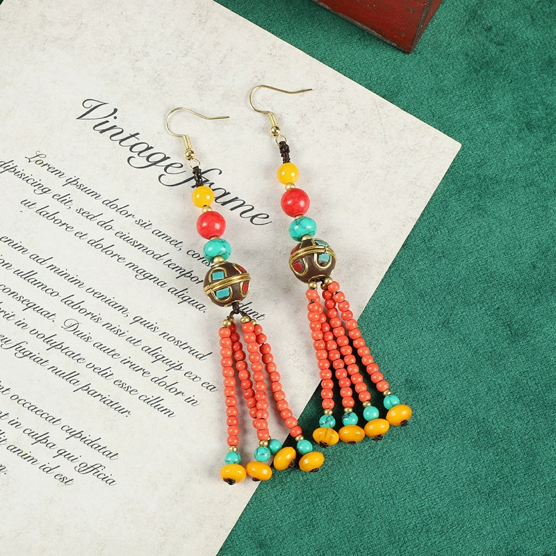 Nepalese Tibetan Woven Earrings Original Design Ethnic Style Long Tassel Earrings Tibetan Exotic Retro Earrings