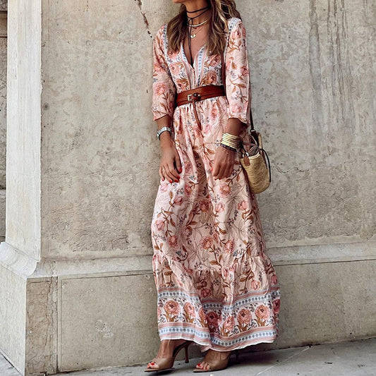 Autumn New Casual Style Bohemian Mid length Printed Dress