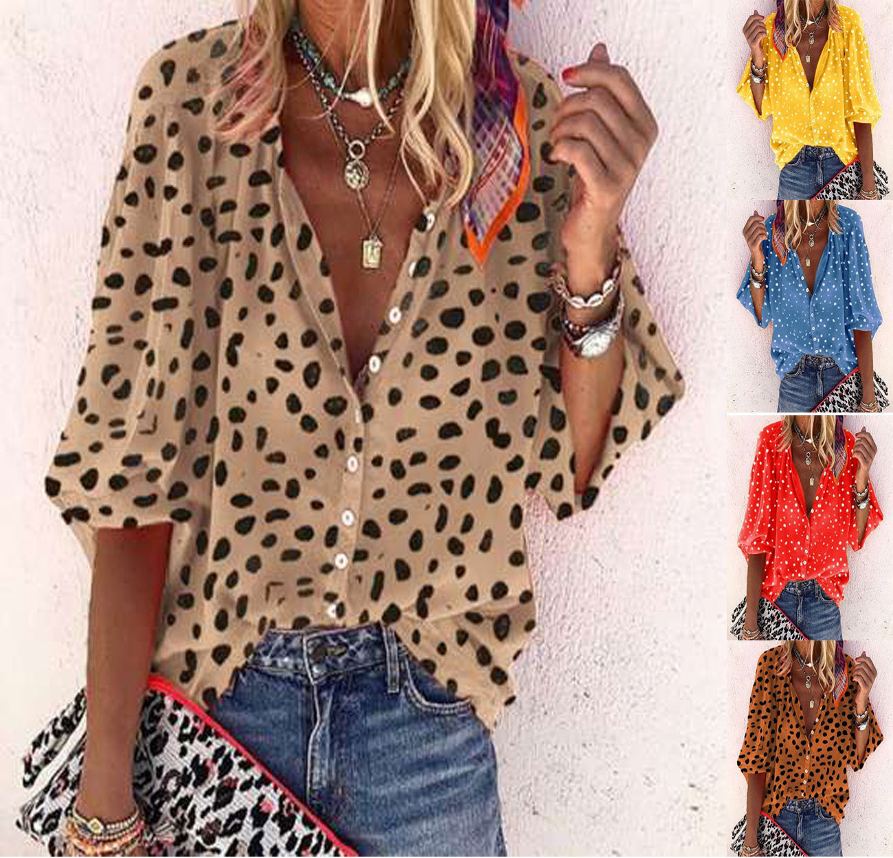 New Women's  5/4 Sleeve Women's Leopard Pattern Casual Suit Collar Shirt