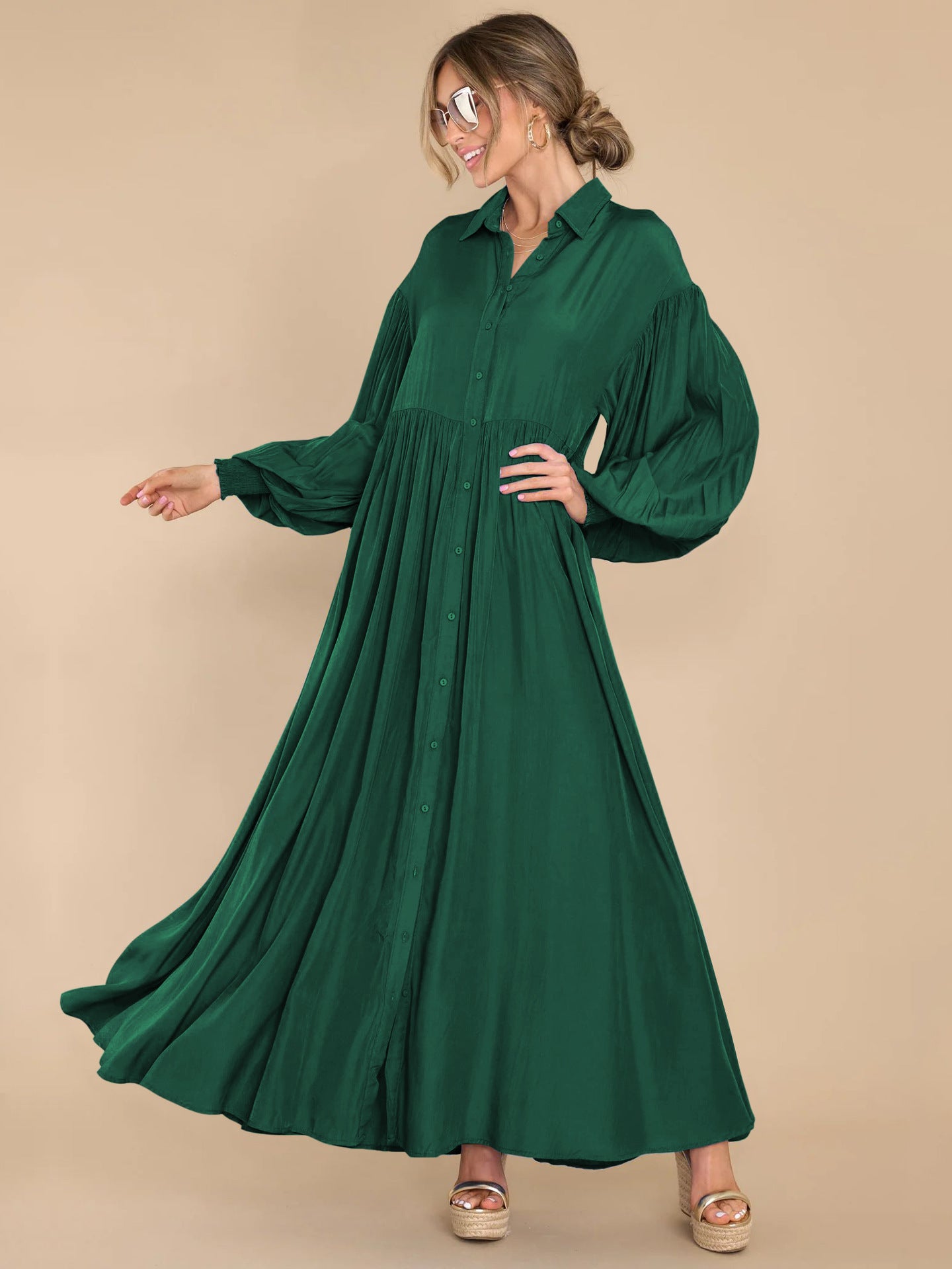 Autumn and Winter New Product Long Solid Color Dress Button Long Dress Loose Oversized Swing Skirt