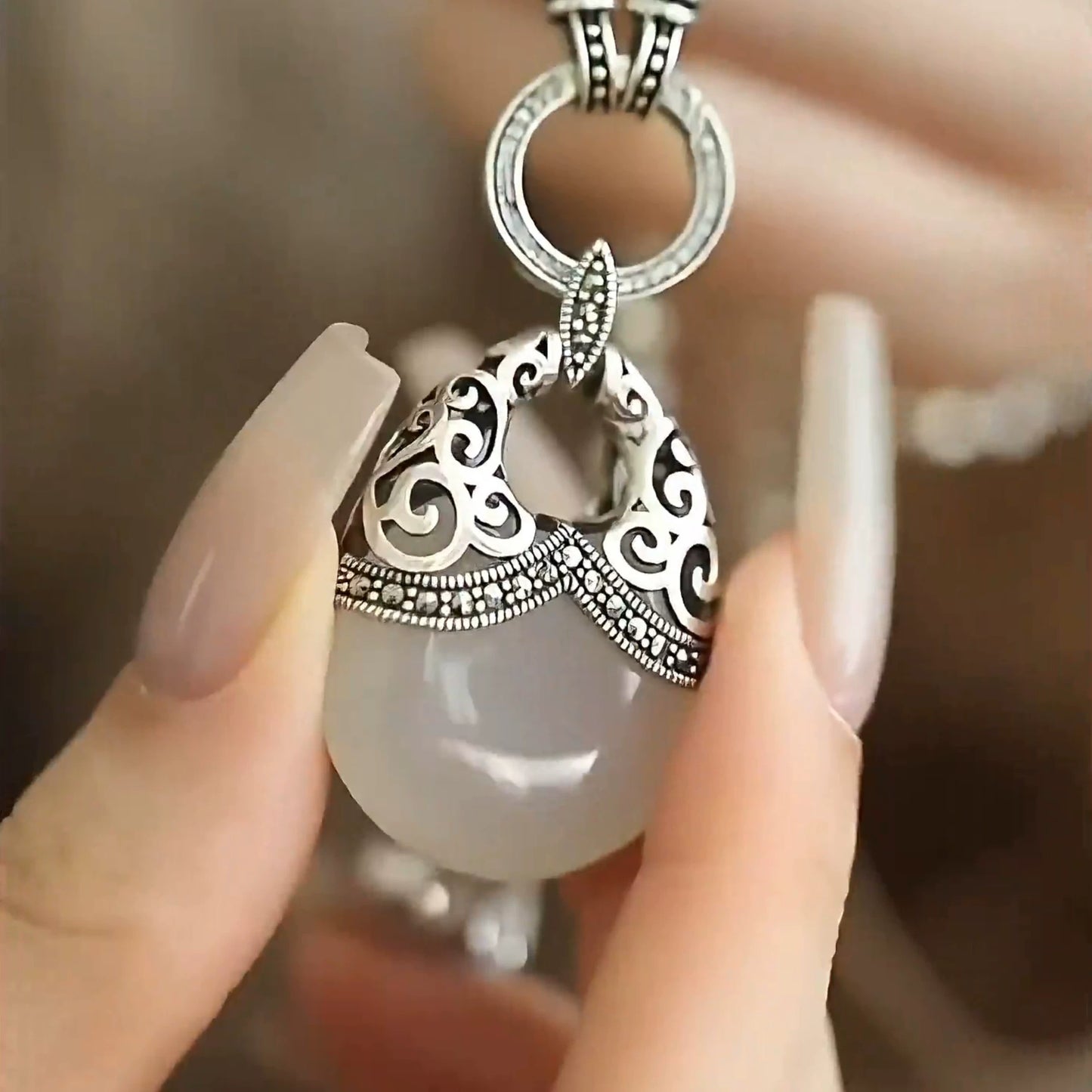 925 Silver Retro New Tang Grass Pattern Money Bag Chalcedony Water Drop Pendant Round Bead Sweater Chain Ethnic Style Women's Necklace