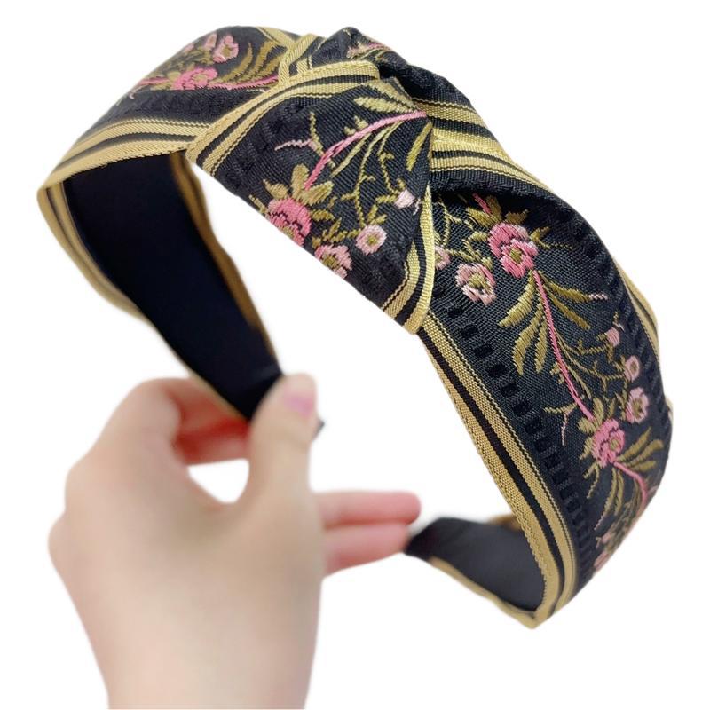 Ethnic Style Embroidery Headband, Retro Hair Accessories, Knotted in The Middle, Wide Edge Headband