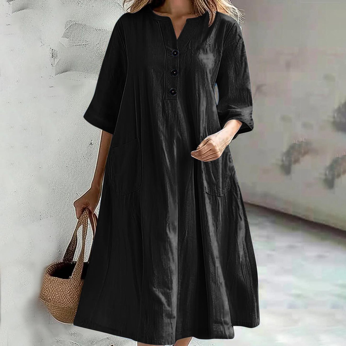 Women's Dress Women's Medium and Long V-neck Half-sleeve Cotton and Linen Loose Version Three-button Pocket Dress