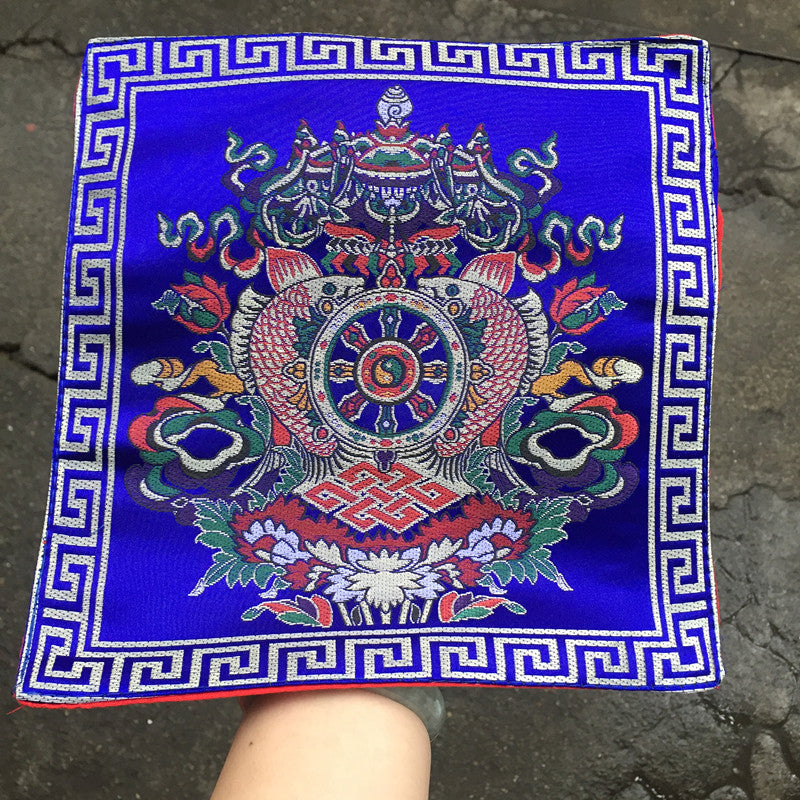 Tibetan Style Cloth Mat Embroidered with Eight Auspicious Crosses, Diamond Pestle, Bell Pestle, Tablecloth