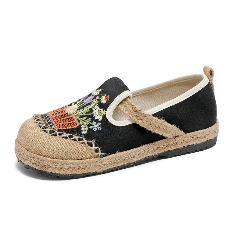 New Ethnic Style Embroidered Cloth Shoes Shallow Mouth One Pedal Low Top Old Beijing Cloth Shoes Woven Round Head Cloth Shoes Women