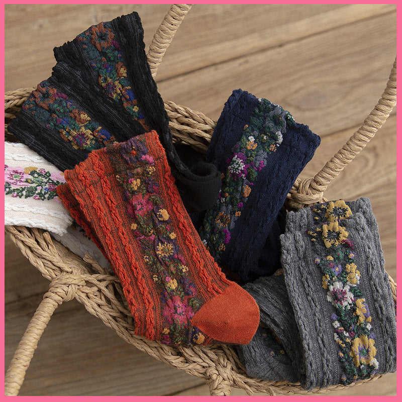 Twist Pattern Medium Tube Women's Literary Cotton Socks Ethnic Style Flower Dark Pattern Socks