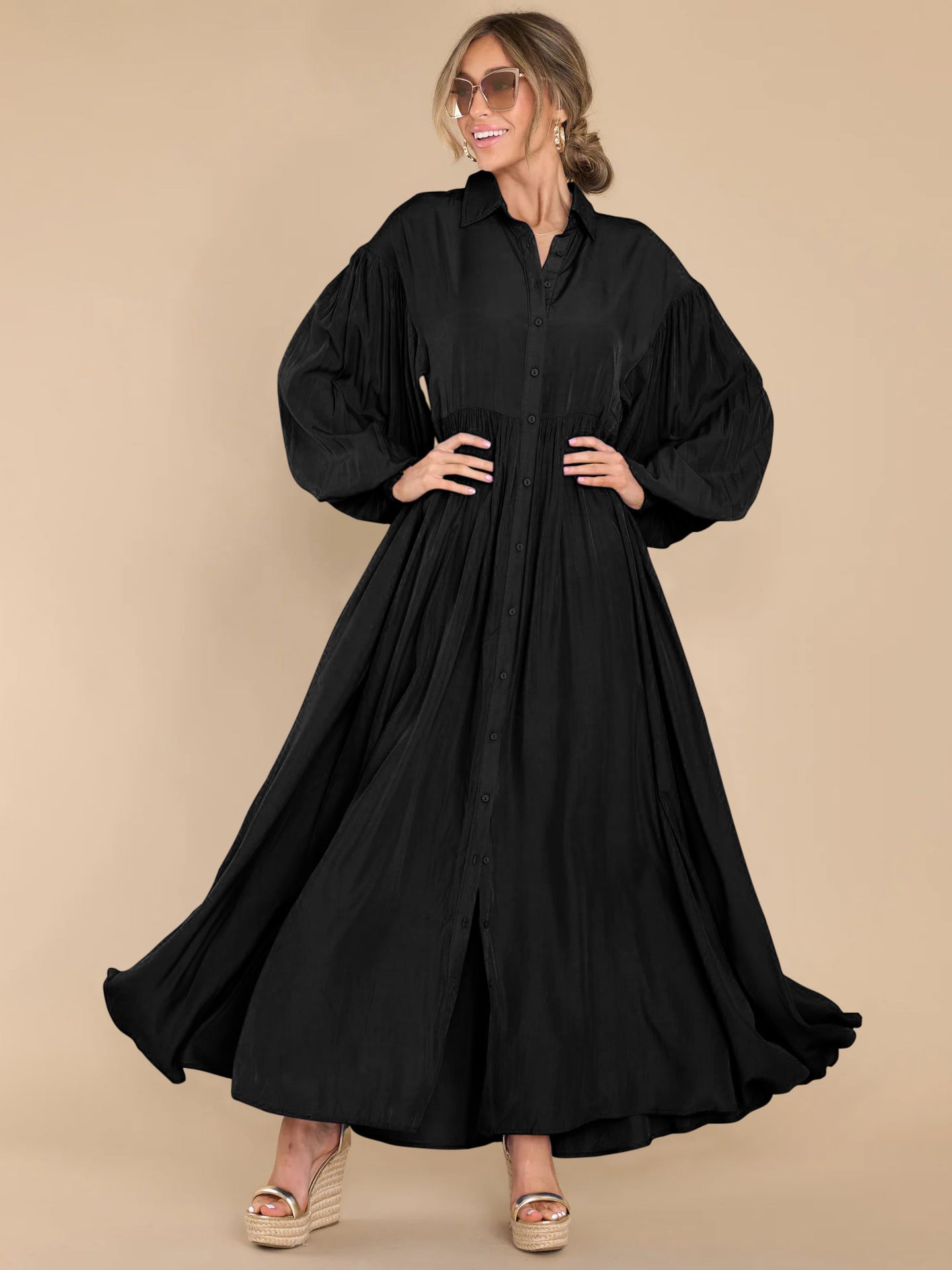 Autumn and Winter New Product Long Solid Color Dress Button Long Dress Loose Oversized Swing Skirt