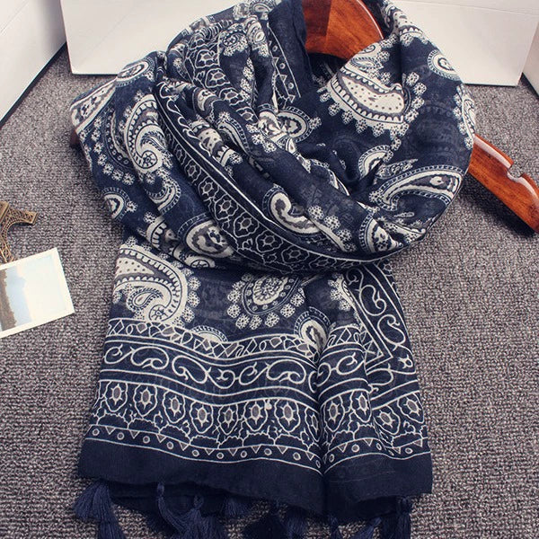 Ethnic Style Navy Blue Cashew, Sunscreen Beach Gauze Scarf