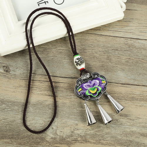 Retro Fashion Ethnic Embroidery Flower Necklace Tassel Pendant Sweater Chain