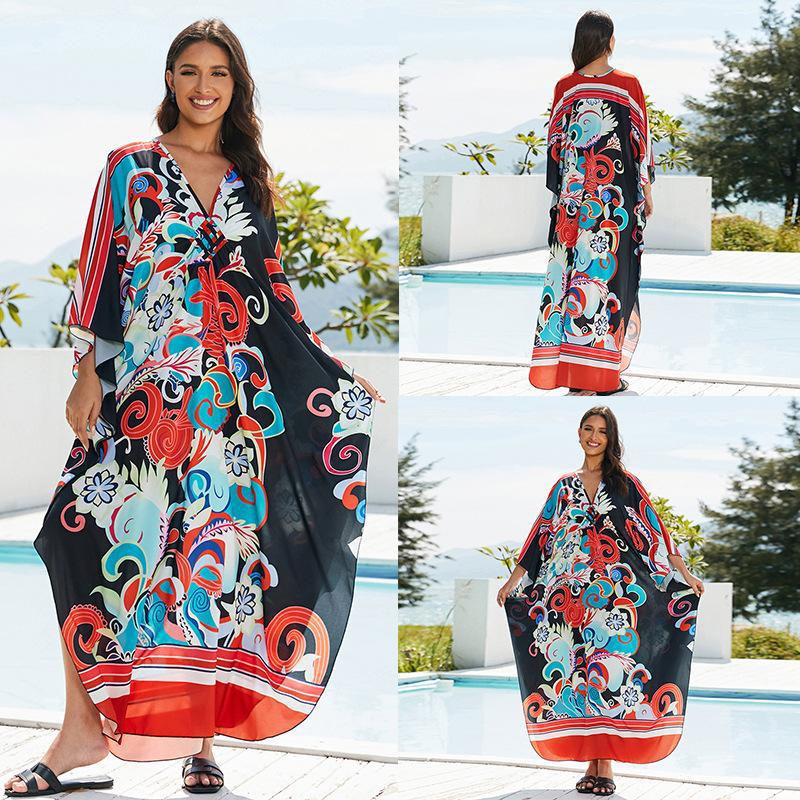 New Printed Chest Knitted Beach Cover Up Loose Oversized Vacation Sun Protection Shirt Bikini Cover Up