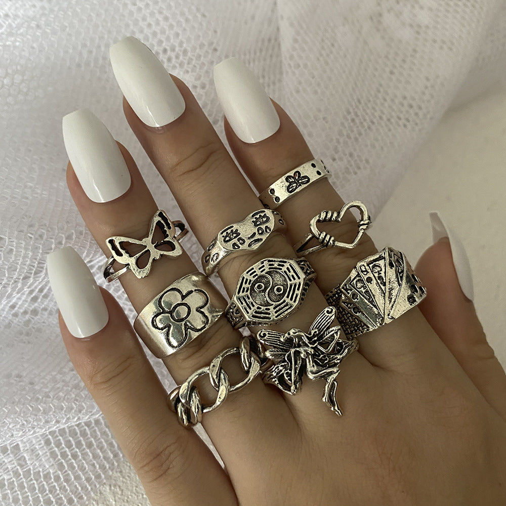 9-piece Set of Vintage Crying Face Rings, Playing Card Rings, Hollowed Out Love Rings, Daisy Rings, Alloy Chain Rings