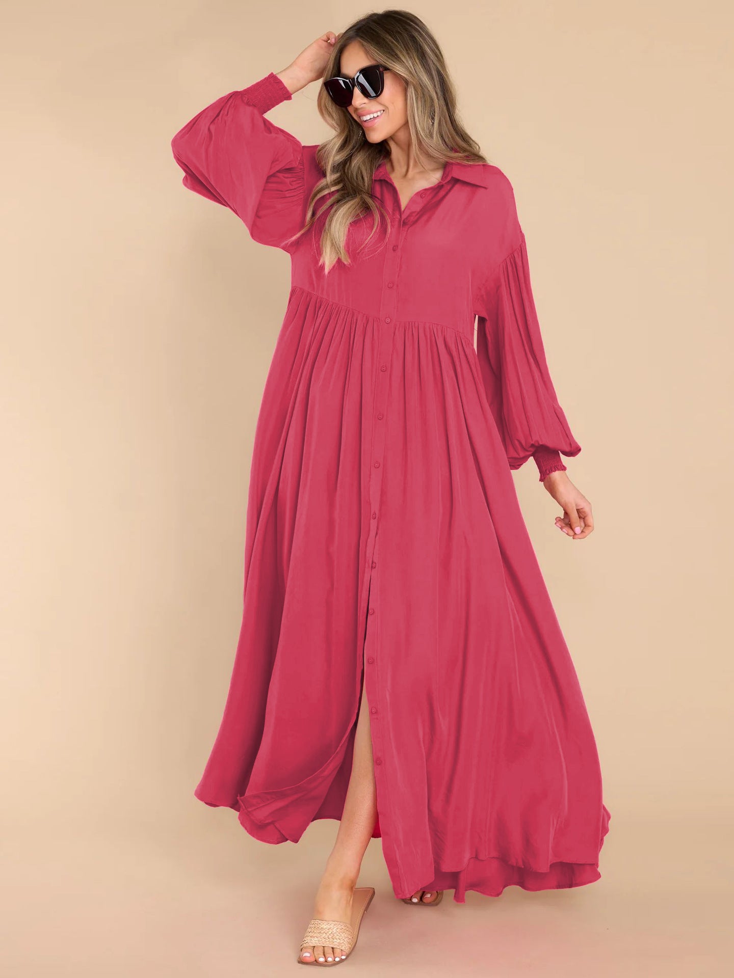 Autumn and Winter New Product Long Solid Color Dress Button Long Dress Loose Oversized Swing Skirt