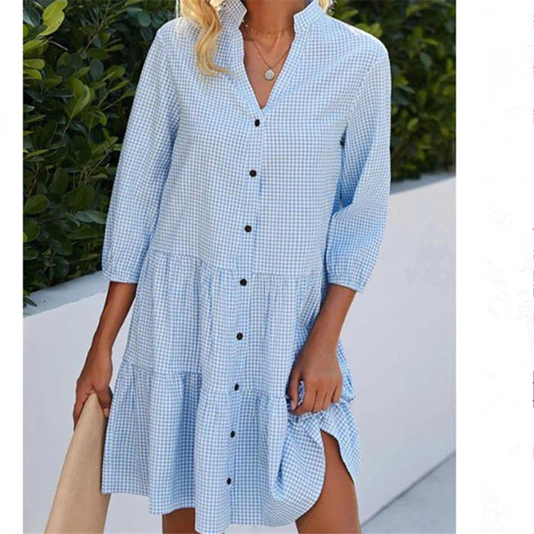 Women's Spring 5/4 Sleeve Women's Checkered Standing Collar Shirt Dress