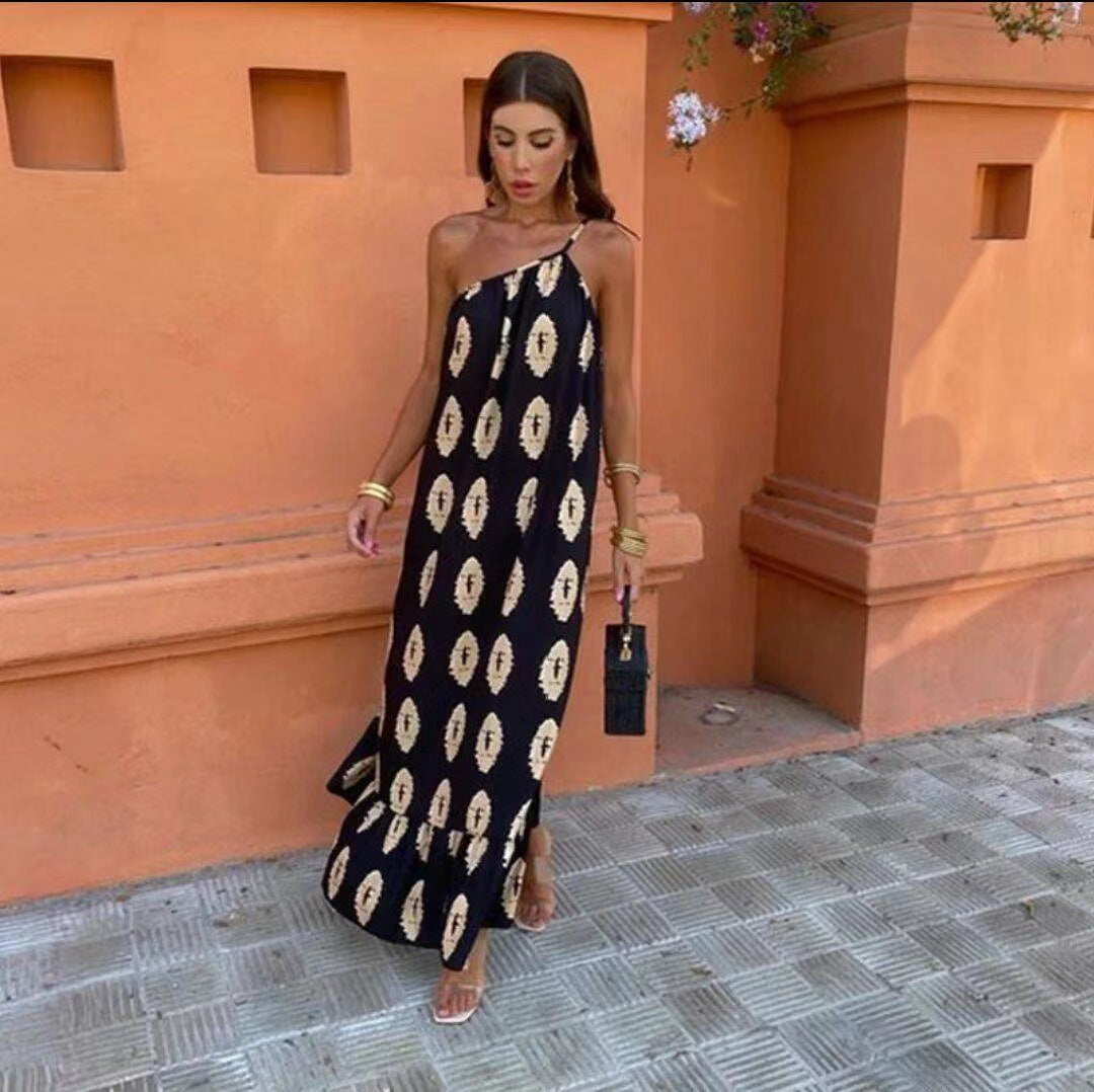 Summer New Fashion French Loose Print Single Strap Off Shoulder Dress