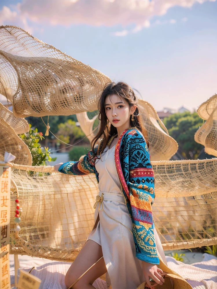 Ethnic Style Knitted Sweater Jacket Top Women's Autumn Fringed Warm Thickened Loose Medium and Long Cardigan