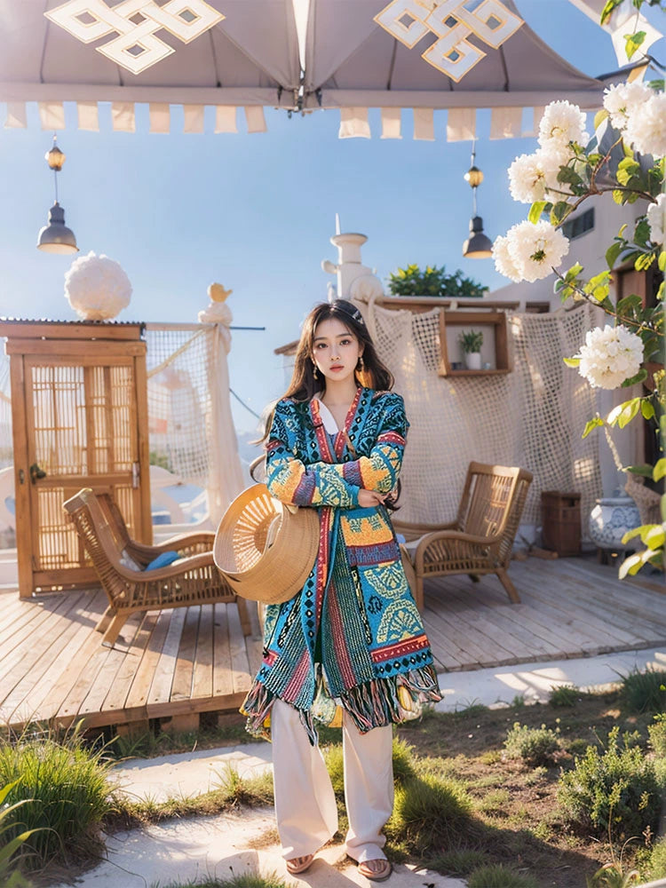 Ethnic Style Knitted Sweater Jacket Top Women's Autumn Fringed Warm Thickened Loose Medium and Long Cardigan