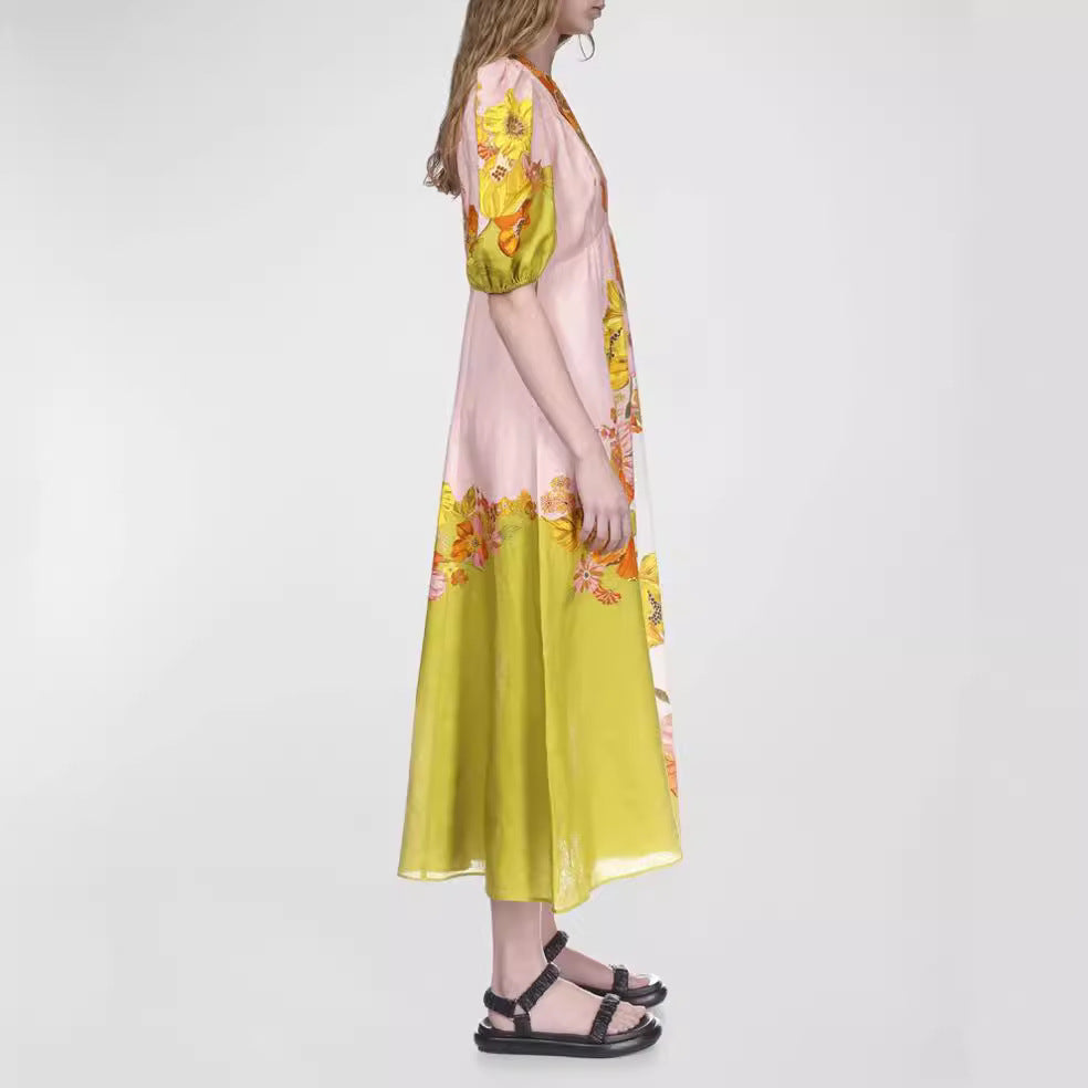 New Printing Fashion Bubble Sleeve Versatile Slim Swing Dress