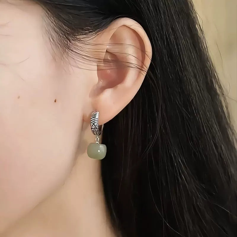 Vintage 925 Silver Zakiram Barrel Bead Ear Buckle Women's New Ethnic Style Hetian Jade Earrings