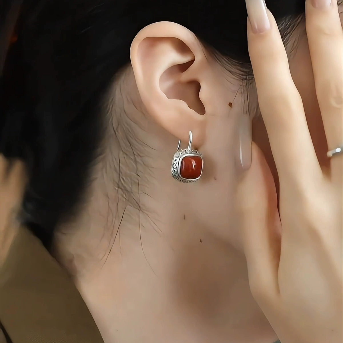 925 Silver Retro New Tibetan Square Earrings Hollow Women's Curly Grass Pattern Women's Old Earrings