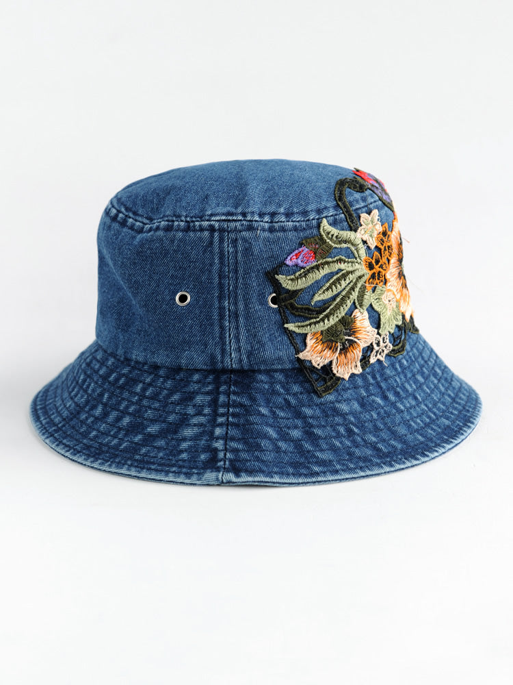 Fashion National Style Embroidered Denim Fisherman Hat Outdoor Sun Protection Travel Street Basin Hat.