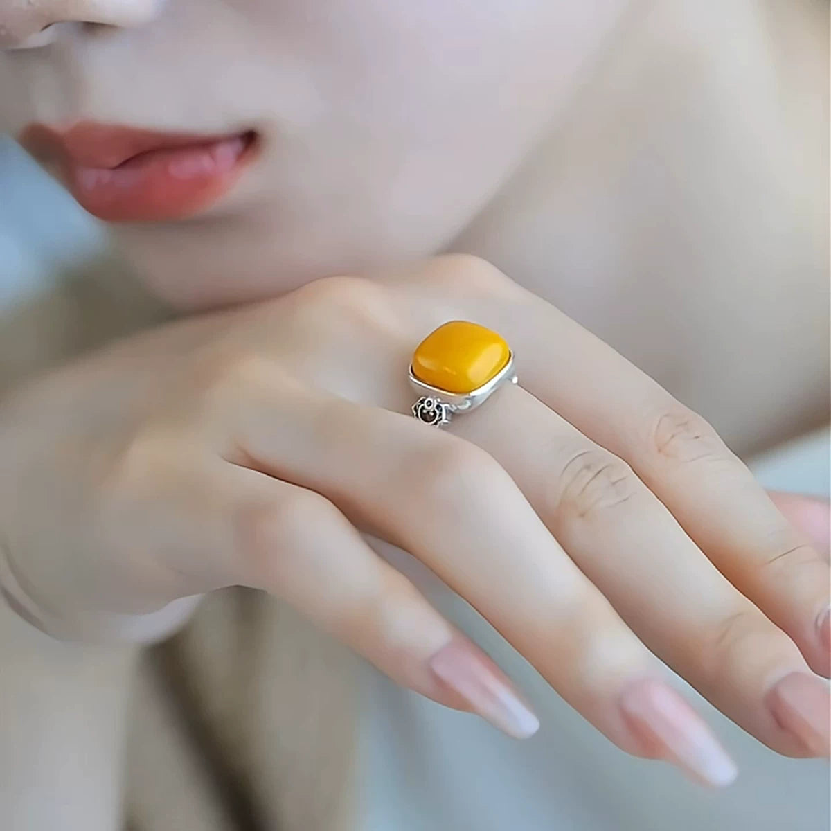 925 Silver Retro New Ethnic Style Chicken Oil Yellow Beeswax Square Ring Earrings Niche Design Premium
