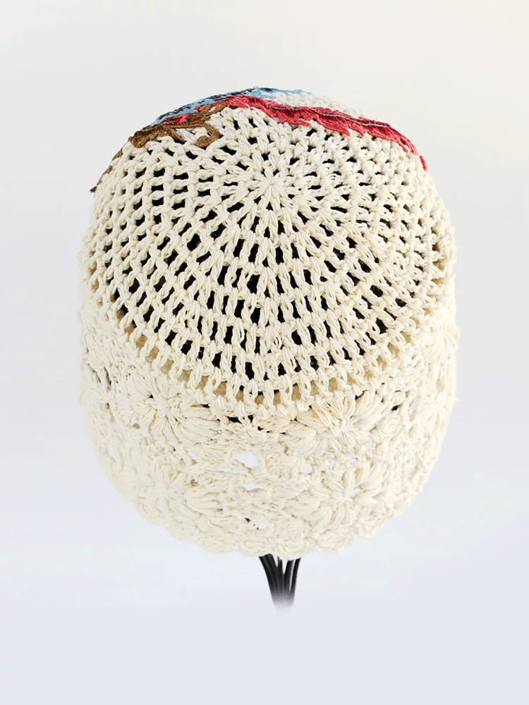 Ethnic Style Phoenix Embroidery Women's Headscarf Cover White Autumn Hat Hollow Knitting Heap Headscarf Woven Hat