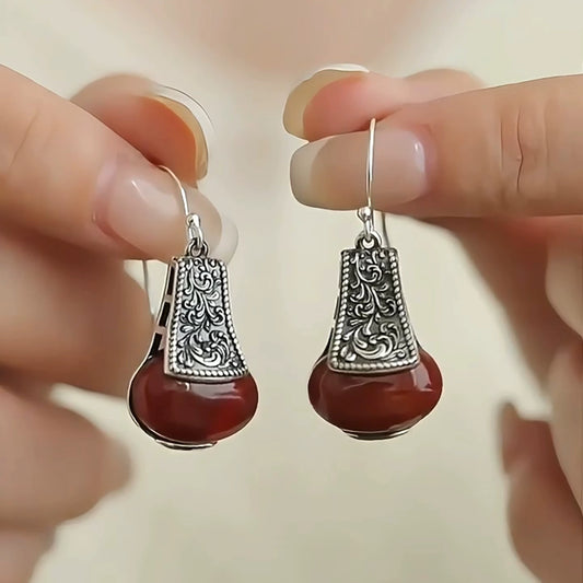 925 Silver Retro Tang Grass Pattern Red Lantern Agate Earrings Ear Hook Water Bottle Ethnic Style Niche High Sense