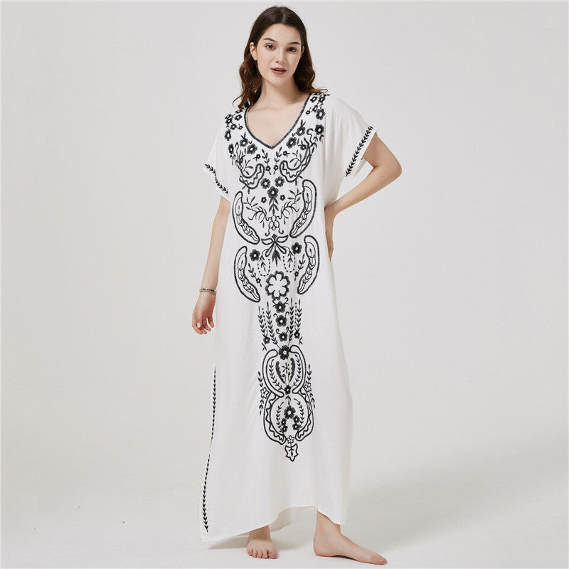 Artificial Cotton Embroidered Beach Cover Up, Long Robe Style Embroidered Dress, Beach Bikini Sun Protection Cover Up