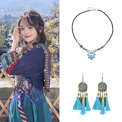 Ethnic Style Tibetan Headwear, Forehead Chain, Turquoise Tassel, Earrings, Hair Accessories