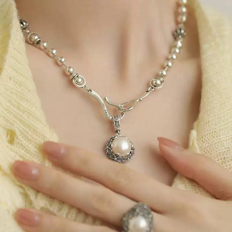 925 Silver Retro New Floral Silk Pearl Flower Pendant Necklace