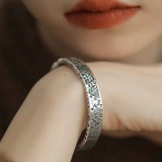 925 Silver Retro New Color Shell Geometric Graffiti Opening Bracelet Totem Enamel Old Female Niche Design